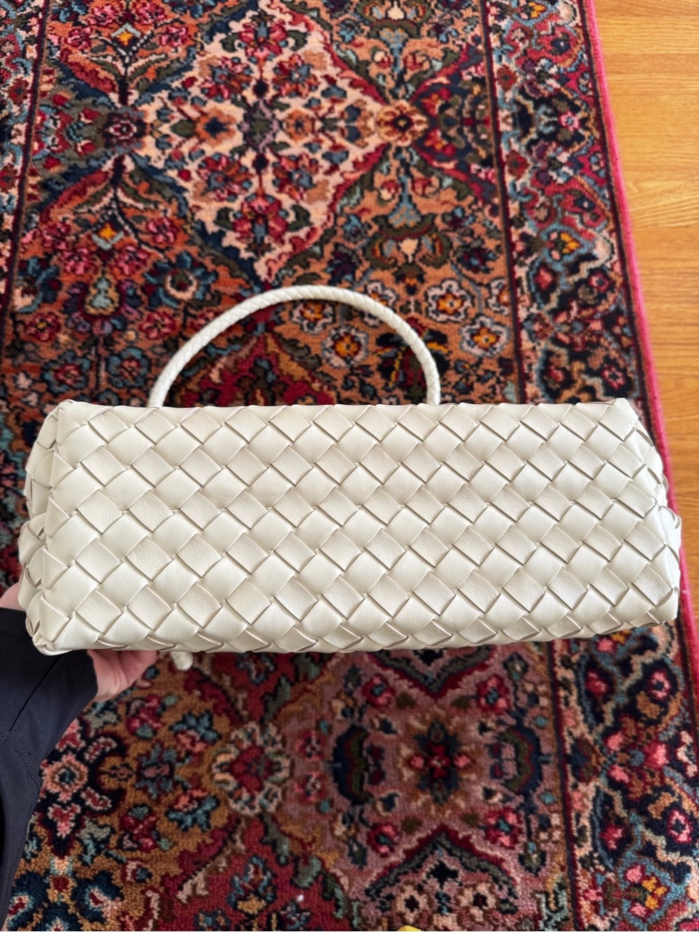 Woven Leather Top-Handle Tote in Cream with Gold Accent - Picture 6 of 9